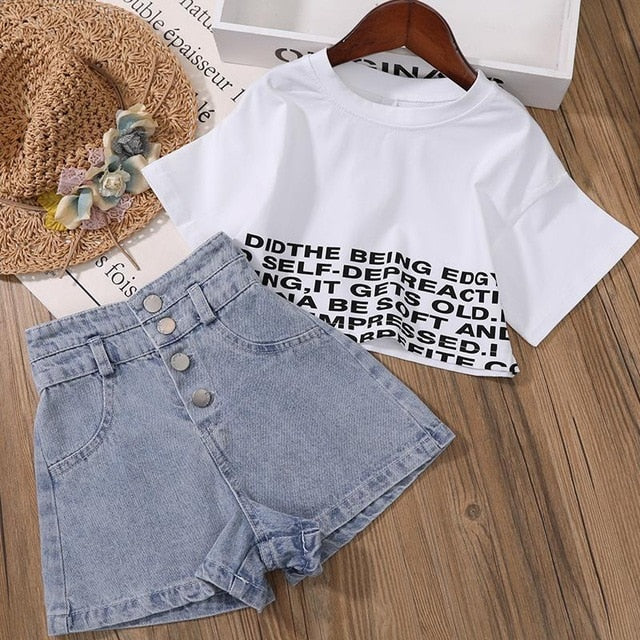 New Kids Girls Clothes Set Summer Girl Crop Tops T-shirt + Denim