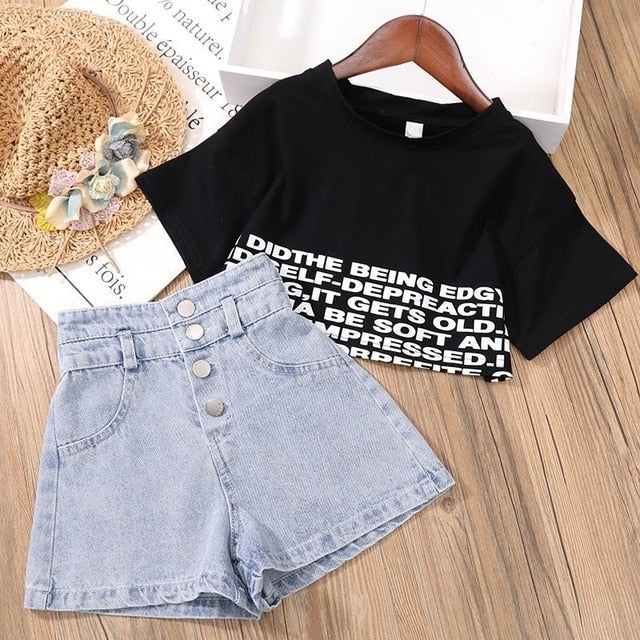 New Kids Girls Clothes Set Summer Girl Crop Tops T-shirt + Denim short –  bucaci
